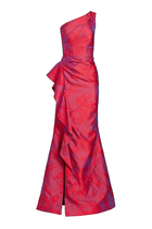 One Shoulder Jacquard Ruched Gown